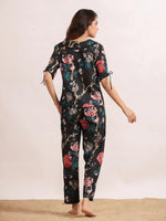 Black floral printed Cotton Printed Night Suit Set with Pajama - SanskrutiHomes