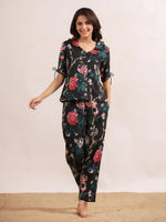 Black floral printed Cotton Printed Night Suit Set with Pajama - SanskrutiHomes