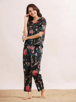 Black floral printed Cotton Printed Night Suit Set with Pajama - SanskrutiHomes