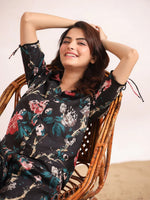 Black floral printed Cotton Printed Night Suit Set with Pajama - SanskrutiHomes