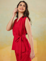 Red Solid Print V-Neck Co-ords Set for Women - SanskrutiHomes