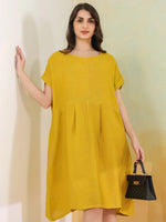 Yellow Solid Linen Blend Dress for Women - SanskrutiHomes