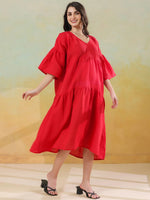 Red Color Linen Blend V-Neck Dress for Women - SanskrutiHomes