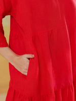Red Color Linen Blend V-Neck Dress for Women - SanskrutiHomes
