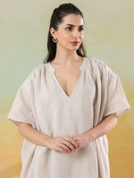 White Color Linen Blend V-Neck Dress for Women - SanskrutiHomes