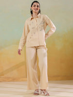 Cream Color Shirt Collar Pure Cotton Co-ords Set for Women - SanskrutiHomes