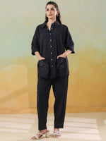 Black Color Shirt Collar Pure Cotton Co-ords Set for Women - SanskrutiHomes