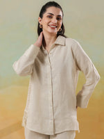 Cream Linen Shirt Collar Co-Ord-Set for Women - SanskrutiHomes
