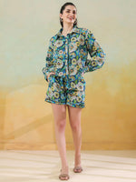 Blue floral shirt collar co-ord-set foe women and girls - SanskrutiHomes