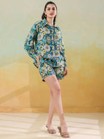 Blue floral shirt collar co-ord-set foe women and girls - SanskrutiHomes