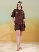 Brown V-Neck Pure Cotton Top Printed Co-ords Set for Women - SanskrutiHomes