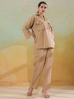 Cream Color Shirt Collar Polyester Co-ords Set for Women - SanskrutiHomes