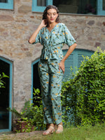 Green Floral Printed Cotton Night Suit Set - SanskrutiHomes