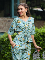 Green Floral Printed Cotton Night Suit Set - SanskrutiHomes