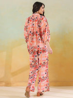 Red Linen Printed Shirt Collar Co-Ord Set for Women - SanskrutiHomes