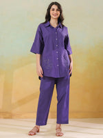 Purple Color Shirt Collar Pure Cotton Co-ords Set for Women - SanskrutiHomes