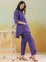 Purple Color Shirt Collar Pure Cotton Co-ords Set for Women - SanskrutiHomes
