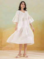 White Solid Cotton Linen Blend Dress for Women - SanskrutiHomes