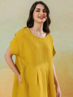 Yellow Solid Linen Blend Dress for Women - SanskrutiHomes