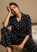 Black polka dot V-Neck Cotton Night Suit Set For Women - SanskrutiHomes