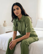 Green Color Shirt Collar Cotton Co-ords Set for Women - SanskrutiHomes