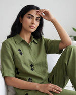 Green Color Shirt Collar Cotton Co-ords Set for Women - SanskrutiHomes