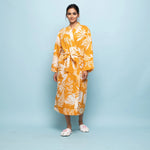 Yellow Cotton Hand printed kimono robe - SanskrutiHomes