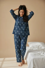 Indigo Blue Cotton Printed Night Suit Set for Women - SanskrutiHomes