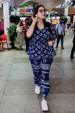 Women Navy Blue Pure Cotton Ethnic motifs Printed Kaftan With Pyjama - SanskrutiHomes