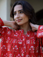 Carmine red Cotton Night Suit Set - SanskrutiHomes