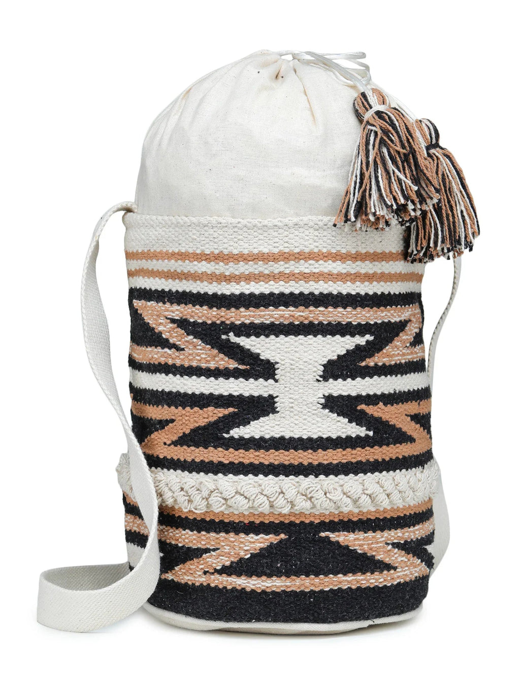 White Orange Tasseled Hand Woven Tote Bag - SanskrutiHomes 