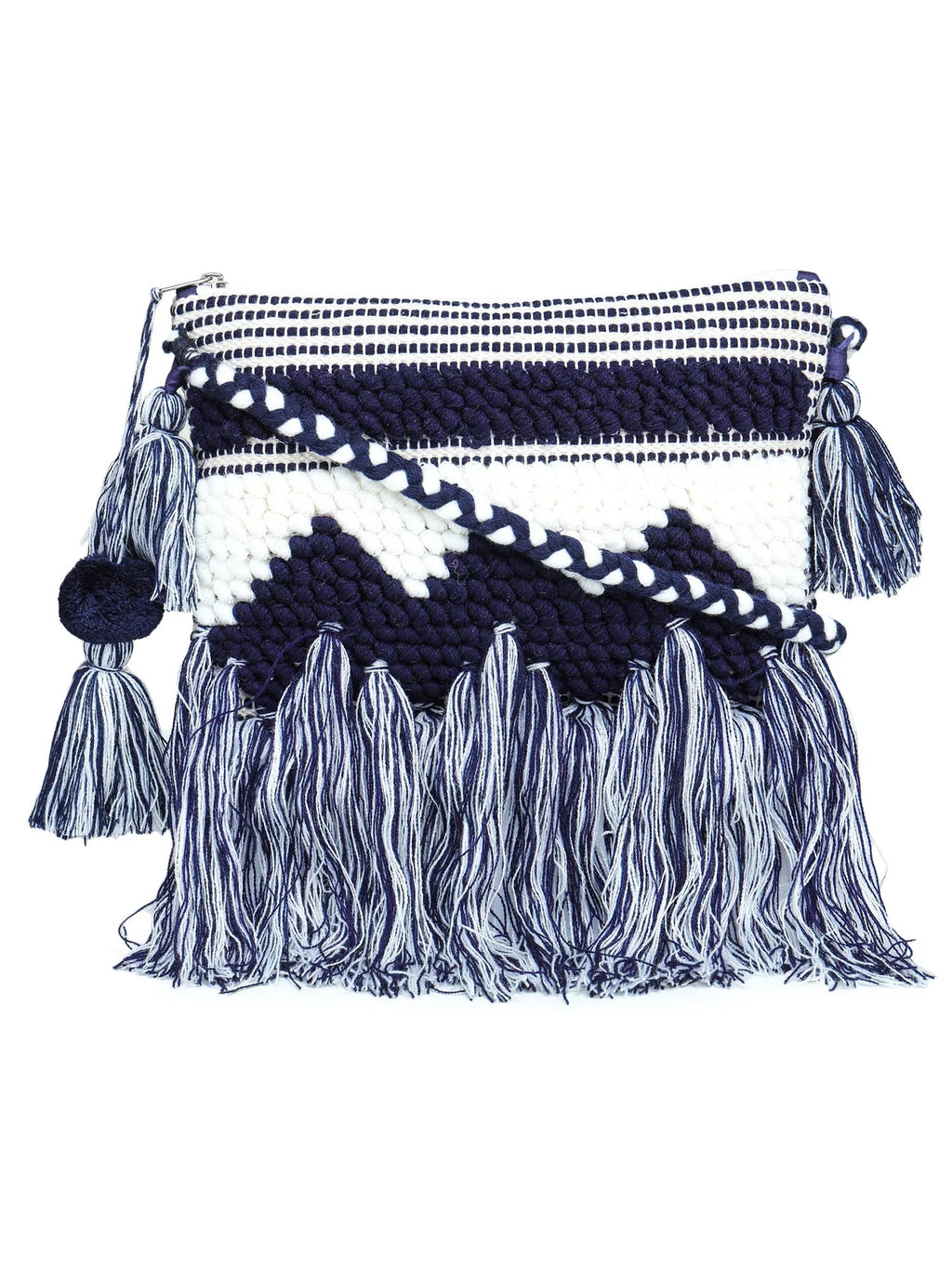 Blue-white tassle Hand Woven Tote Bag - SanskrutiHomes 
