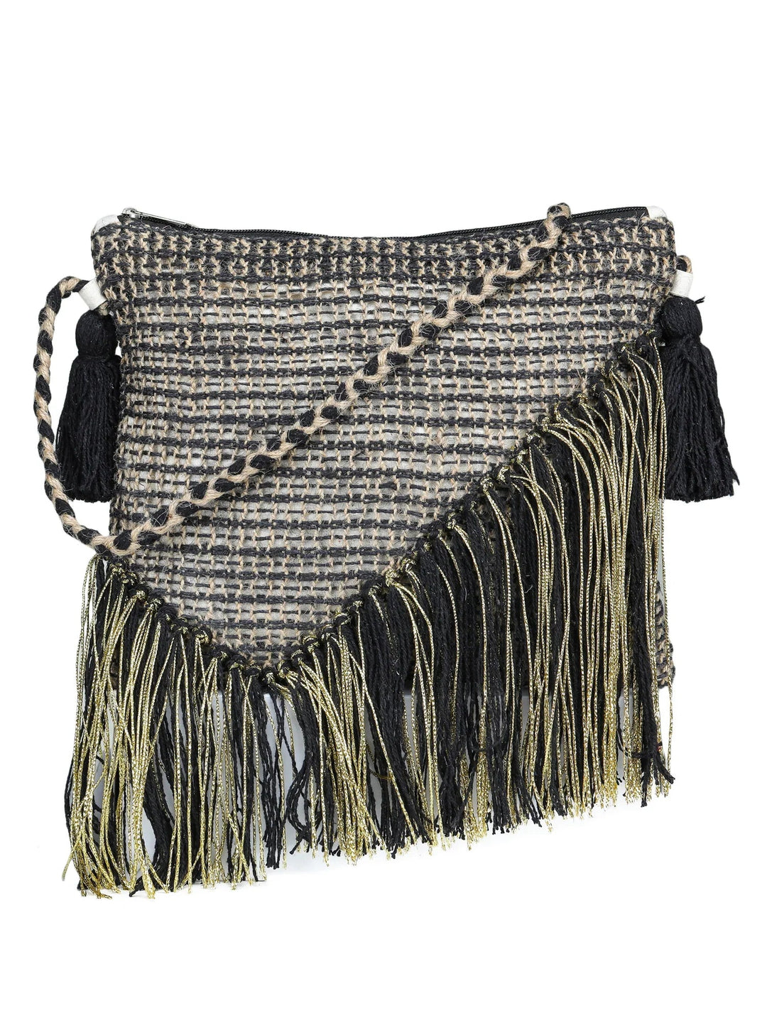 Green black tassel Hand Woven Tote Bag - SanskrutiHomes 