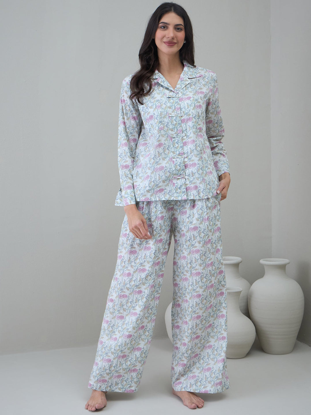White Floral Printed Shirt Collar Night Suit