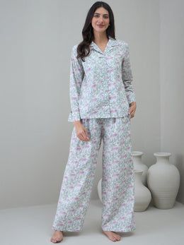 White Floral Printed Shirt Collar Night Suit