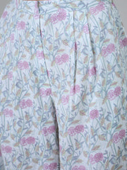 White Floral Printed Shirt Collar Night Suit