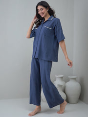 Navy Blue Cotton Shirt Collar Solid Night Suit