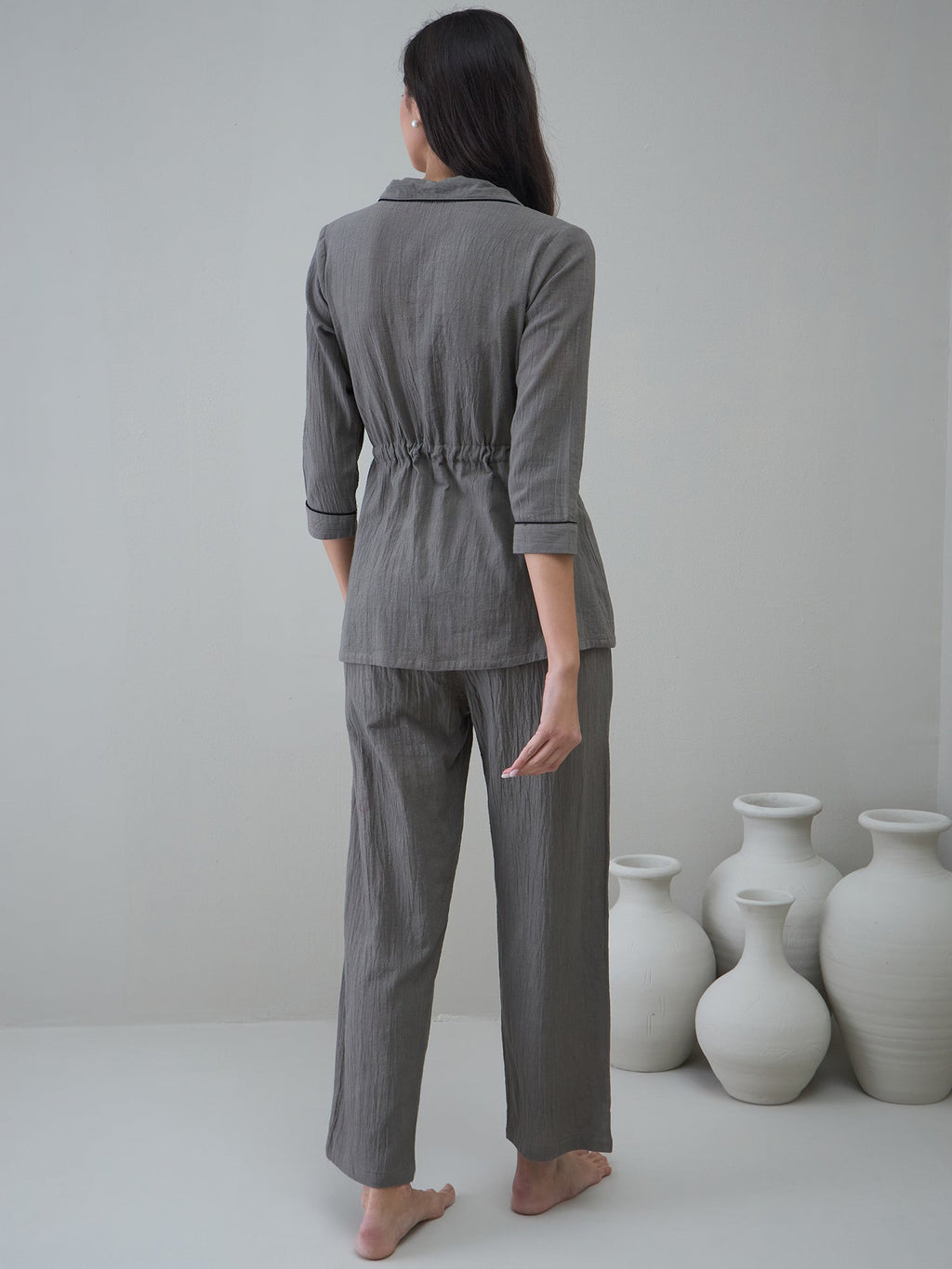 Grey Solid Cotton Night Suit For Women