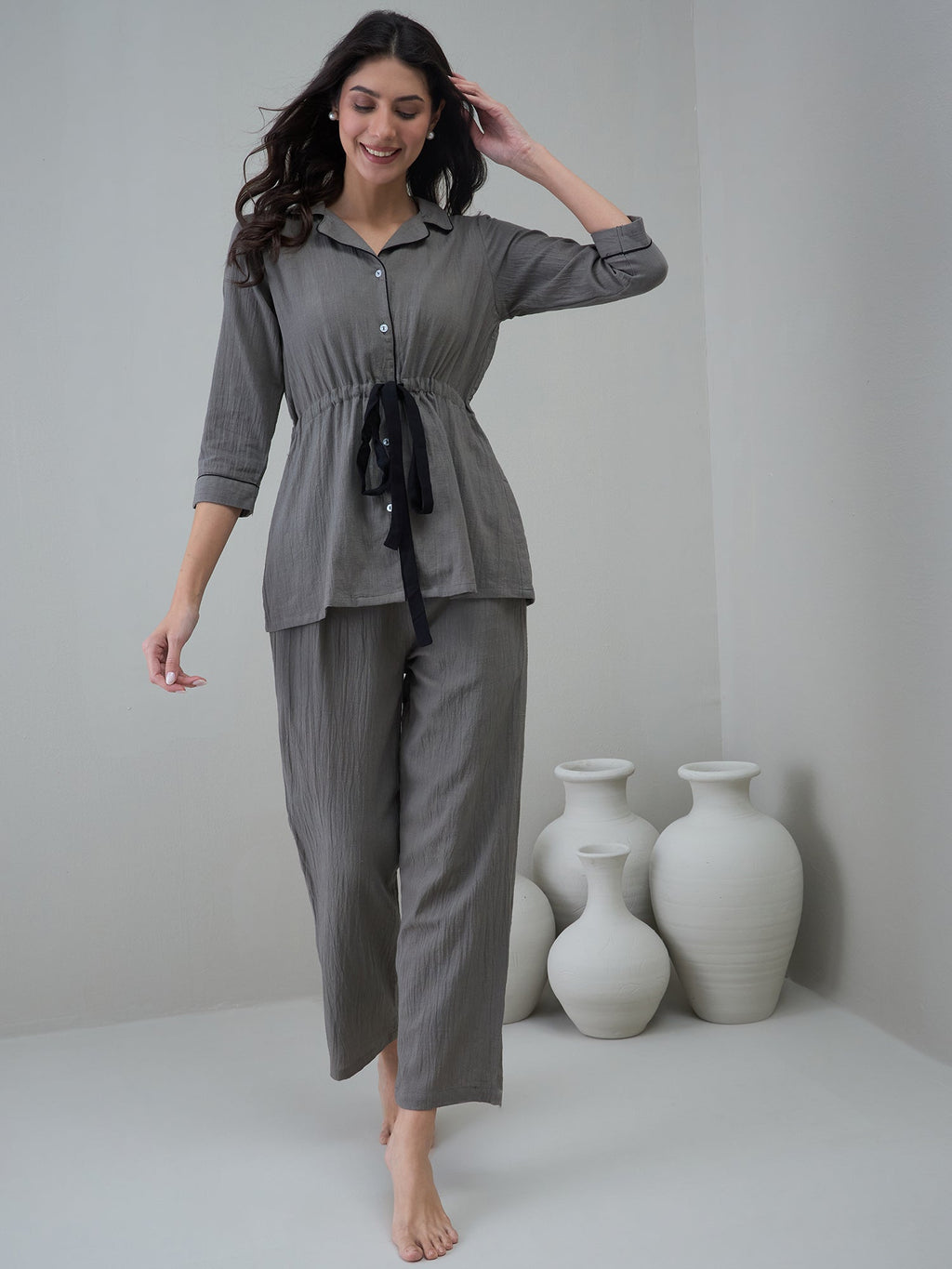 Grey Solid Cotton Night Suit For Women