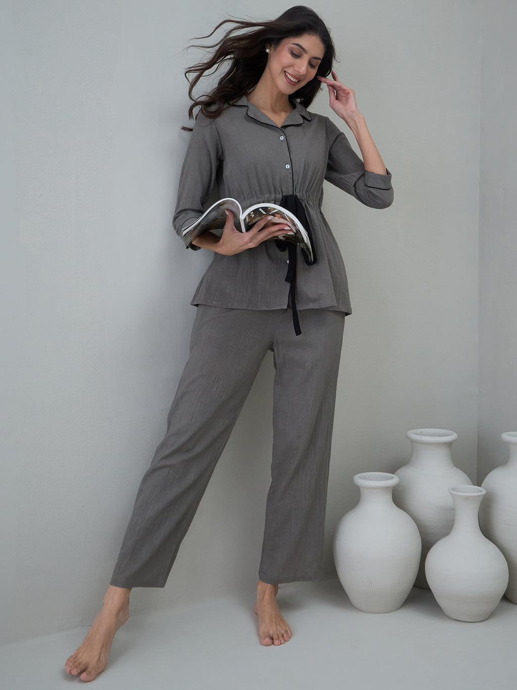 Grey Solid Cotton Night Suit For Women