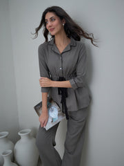 Grey Solid Cotton Night Suit For Women
