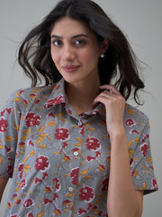Grey Floral Printed Cotton Night Suit For Women