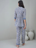 Off White Round Neck Floral Printed Night Suit - SanskrutiHomes 