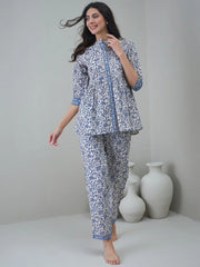Off White Round Neck Floral Printed Night Suit - SanskrutiHomes 