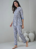 Off White Round Neck Floral Printed Night Suit - SanskrutiHomes 