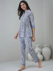 Off White Round Neck Floral Printed Night Suit - SanskrutiHomes 