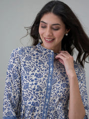 Off White Round Neck Floral Printed Night Suit - SanskrutiHomes 
