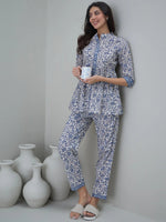 Off White Round Neck Floral Printed Night Suit - SanskrutiHomes 