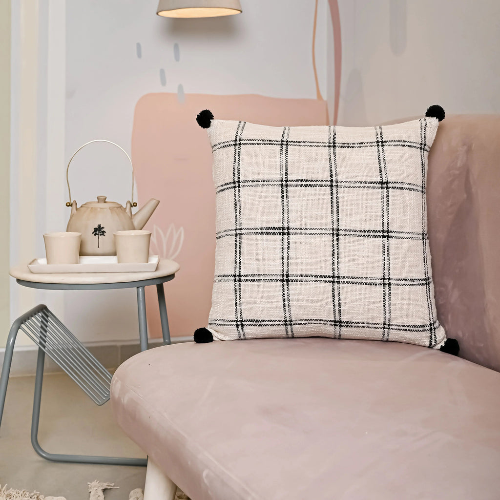 Handloom Pure Cotton Cushion Cover with pompom - SanskrutiHomes 