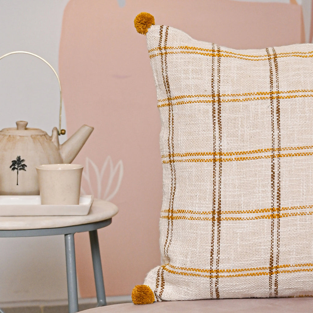 Handloom Pure Cotton Cushion Cover with pompom - SanskrutiHomes 